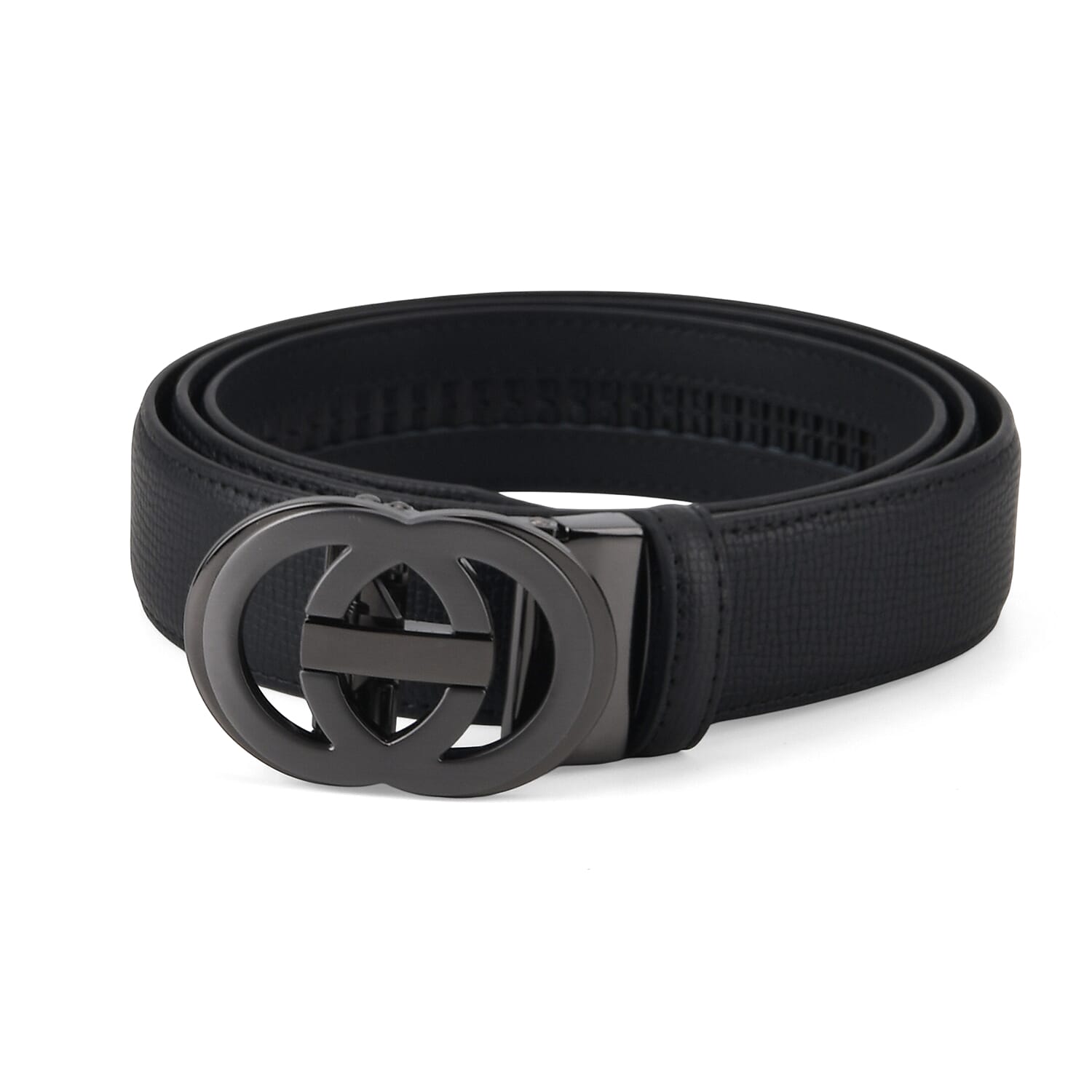 Genuine Leather Designer Belt with Interlocking Circular Buckle (115 x 3.5cm) - Black