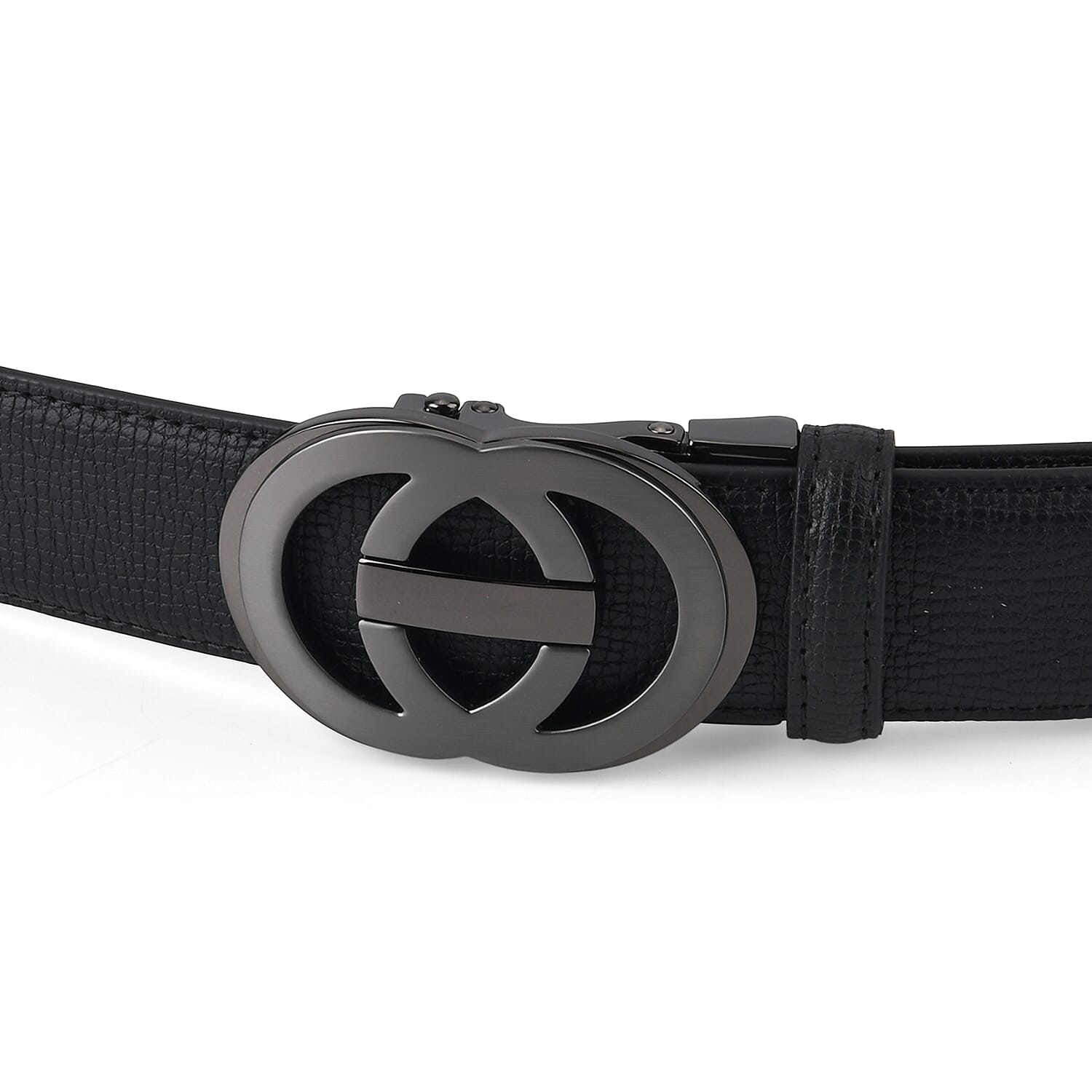 Genuine Leather Designer Belt with Interlocking Circular Buckle (115 x 3.5cm) - Black