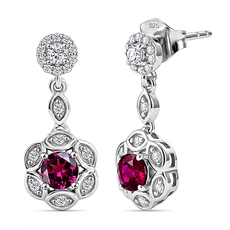 D'Joy Radiant Ember Garnet, White Zircon Dangling Earring in Rhodium OverlaySterling Silver  1.546  Ct.