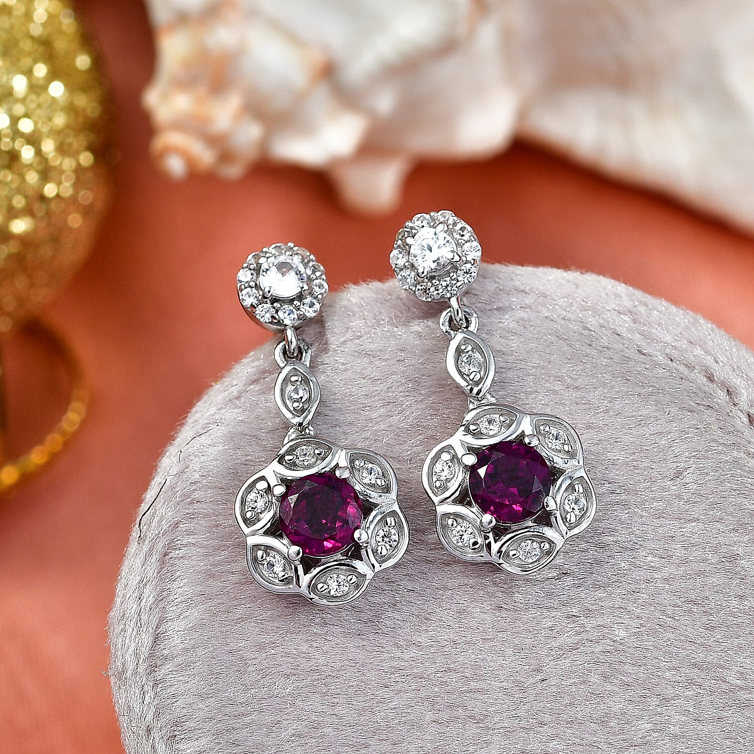 D'Joy Radiant Ember Garnet, White Zircon Dangling Earring in Rhodium OverlaySterling Silver  1.546  Ct.