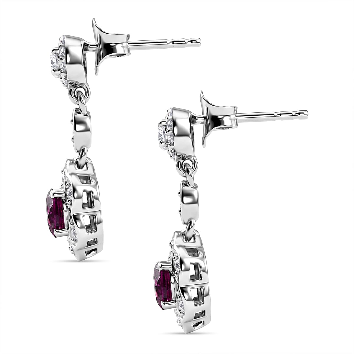 D'Joy Radiant Ember Garnet, White Zircon Dangling Earring in Rhodium OverlaySterling Silver  1.546  Ct.