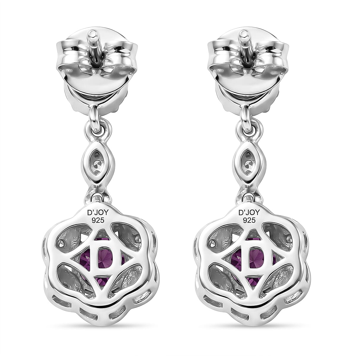 D'Joy Radiant Ember Garnet, White Zircon Dangling Earring in Rhodium OverlaySterling Silver  1.546  Ct.