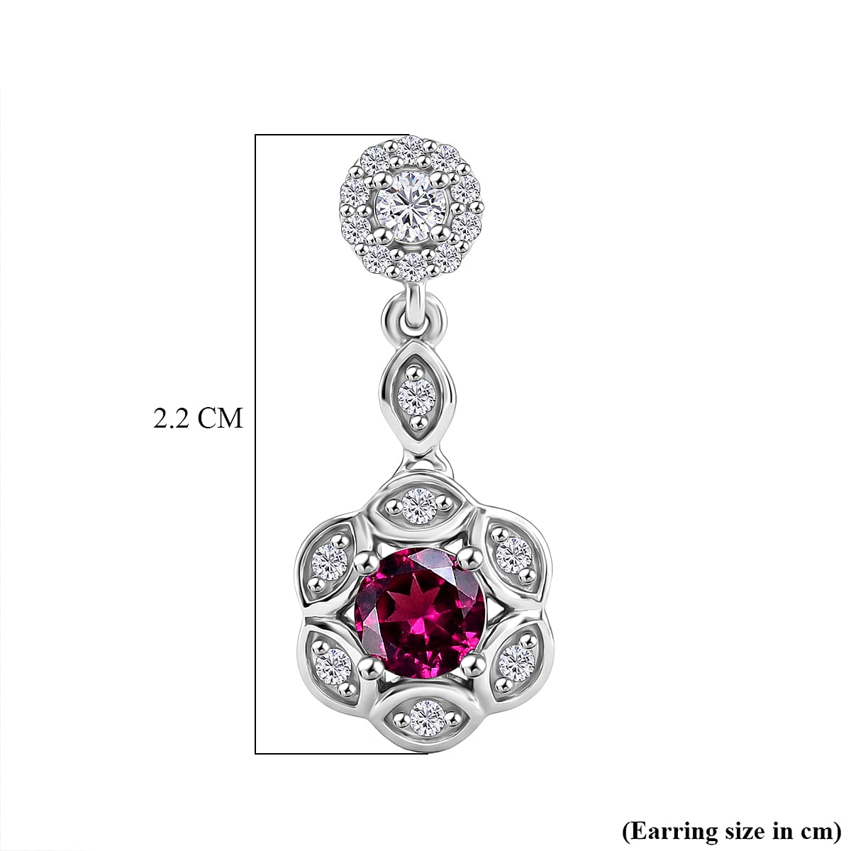D'Joy Radiant Ember Garnet, White Zircon Dangling Earring in Rhodium OverlaySterling Silver  1.546  Ct.