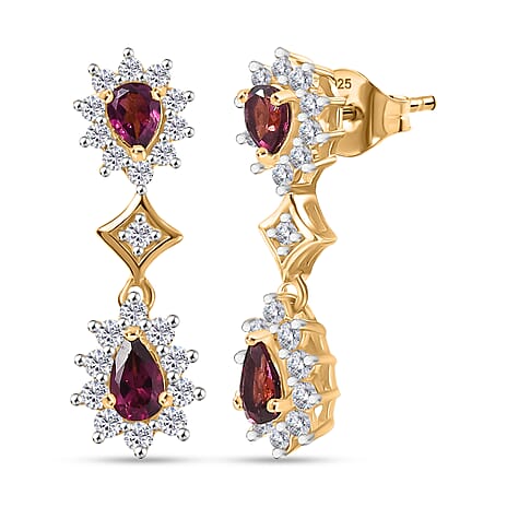 D'Joy Radiant Ember Garnet, White Zircon Dangling Earring in 18K YG PlatingSterling Silver  2.014  Ct.