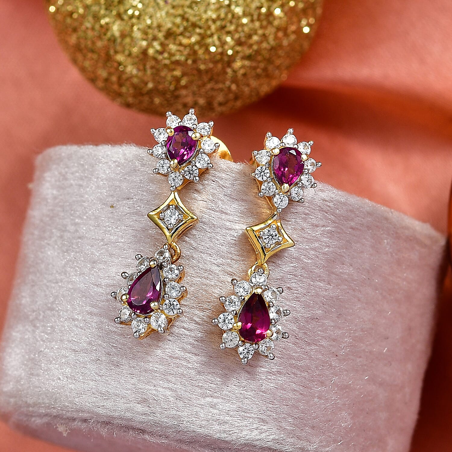 D'Joy Radiant Ember Garnet, White Zircon Dangling Earring in 18K YG PlatingSterling Silver  2.014  Ct.