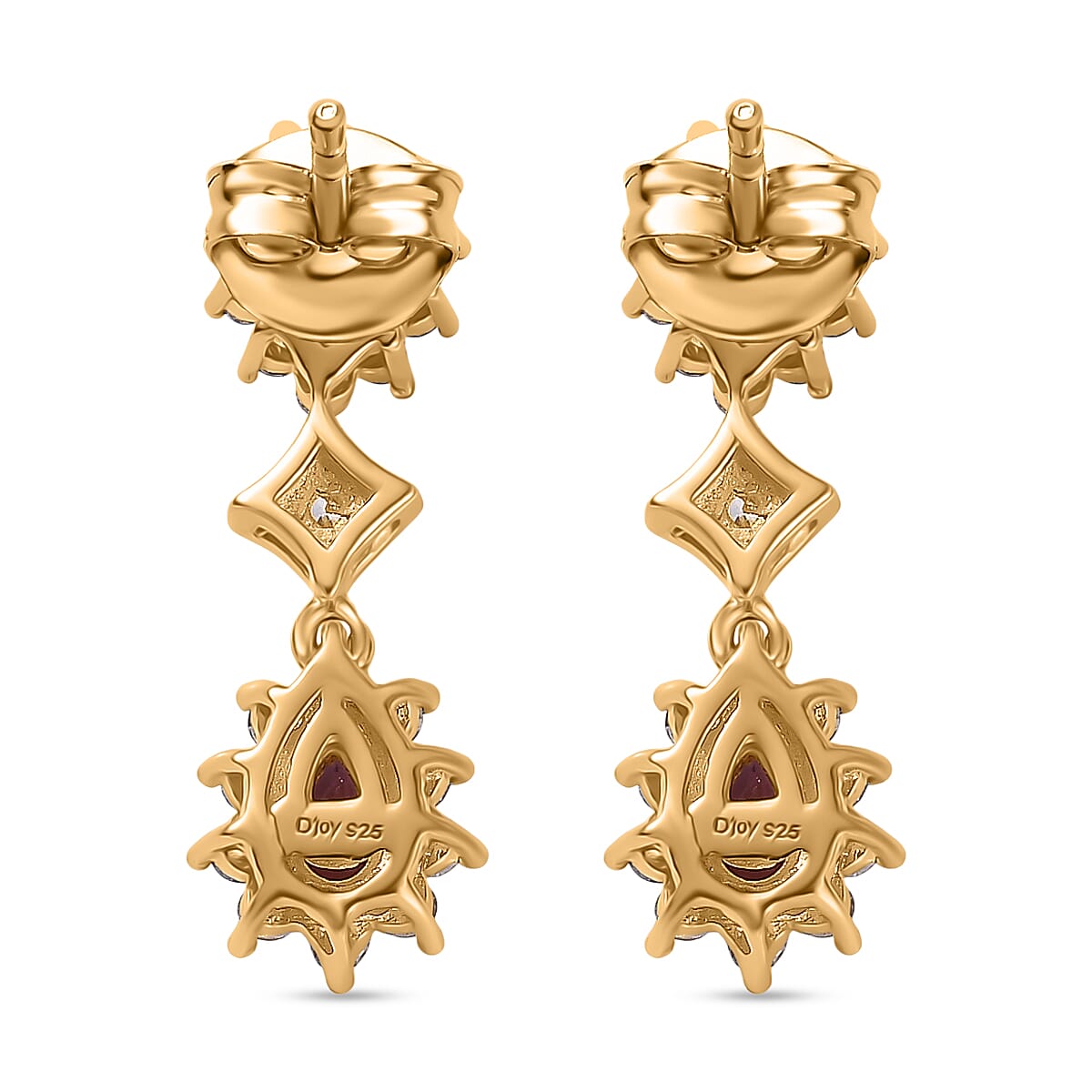 D'Joy Radiant Ember Garnet, White Zircon Dangling Earring in 18K YG PlatingSterling Silver  2.014  Ct.
