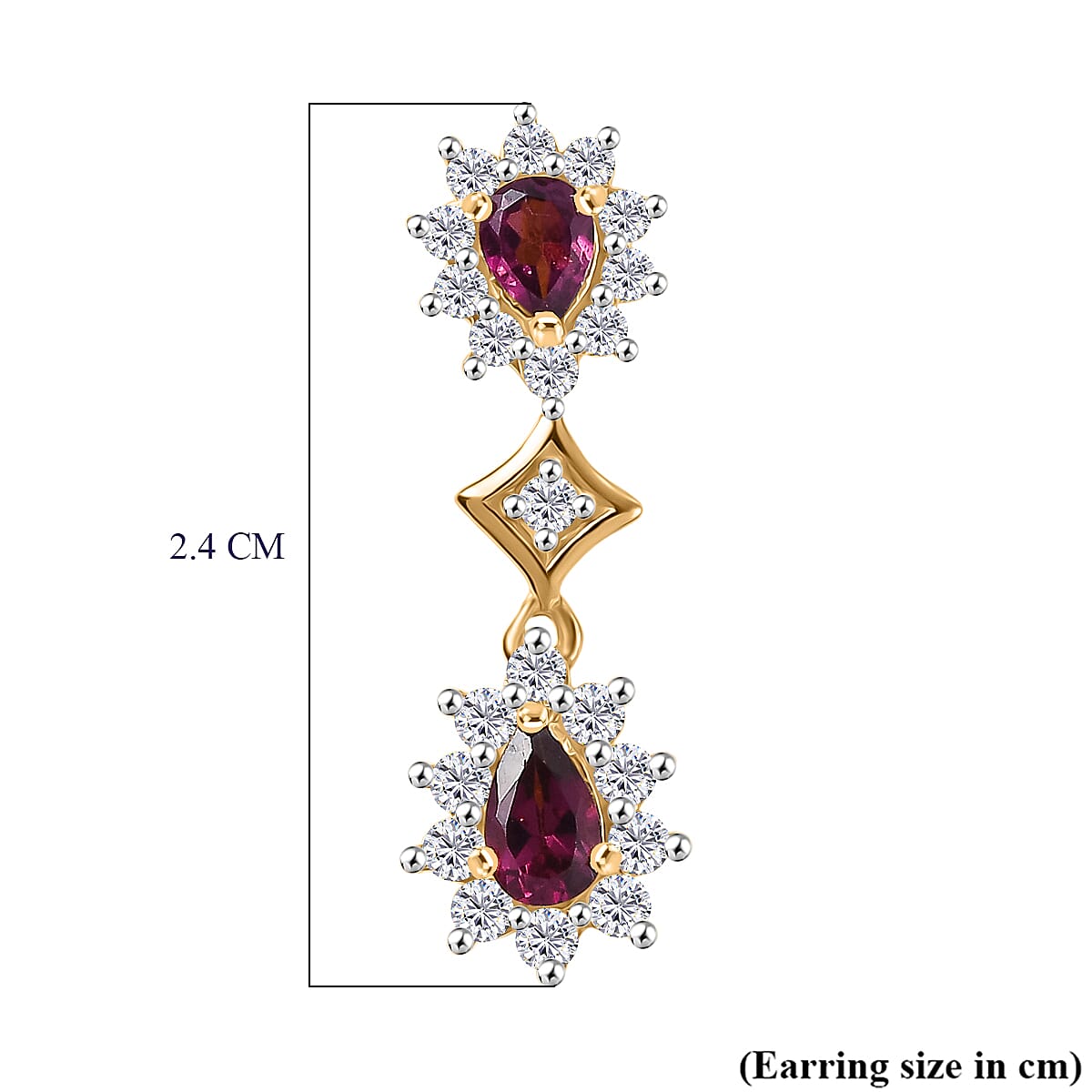 D'Joy Radiant Ember Garnet, White Zircon Dangling Earring in 18K YG PlatingSterling Silver  2.014  Ct.