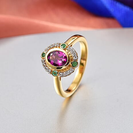 D'Joy Natural Radiant Ember Garnet & White Zircon & Zambian Emerald Halo Ring in 18K Vermeil Yellow Gold Plated Sterling Silver 1.17 Ct.