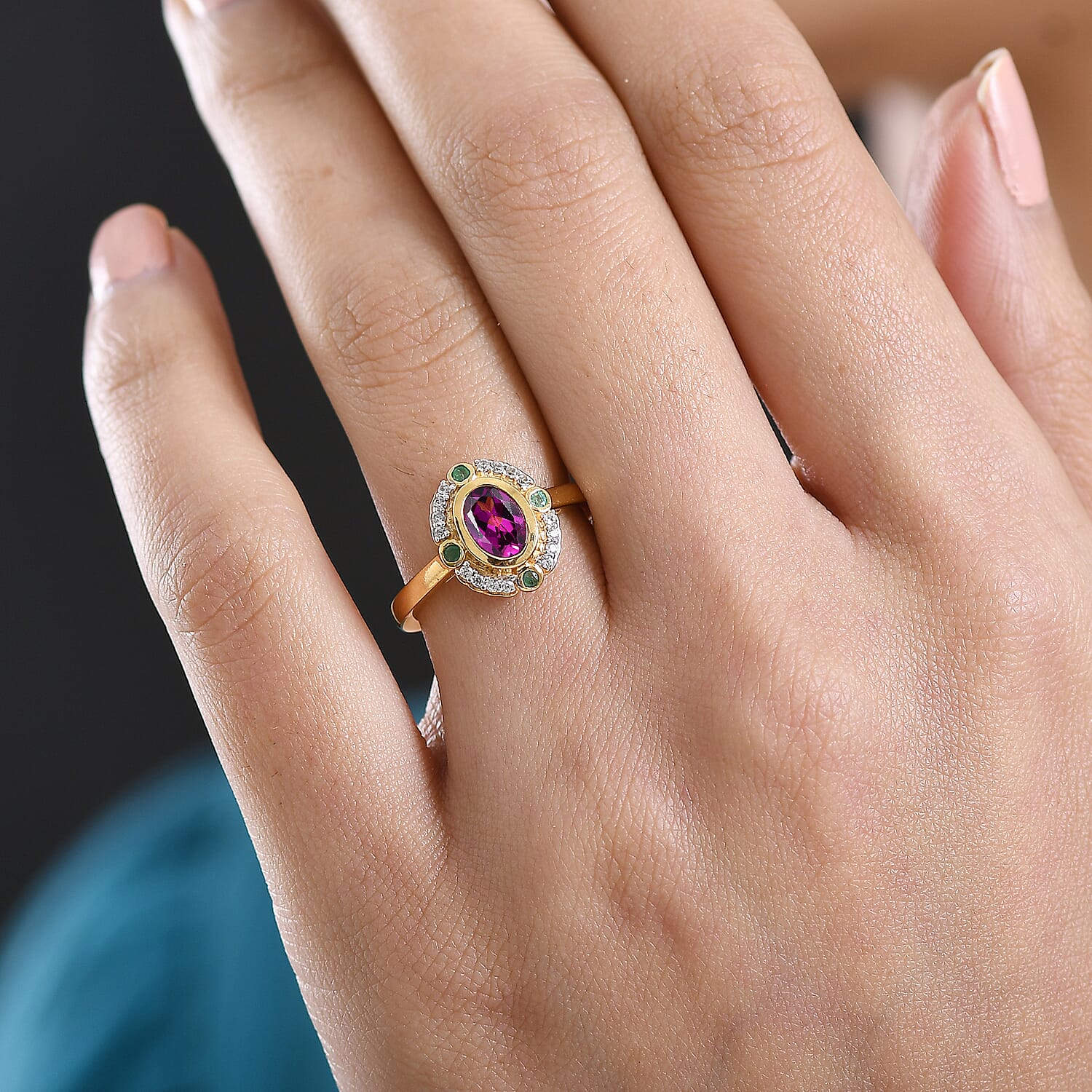 D'Joy Radiant Ember Garnet, White Zircon, Zambian Emerald Solitaire Ring in 18K YG VermeilSterling Silver  1.169  Ct.