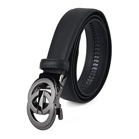 Genuine Leather Designer Belt with Interlocking Circular Buckle (130 x 3.5cm) - Black