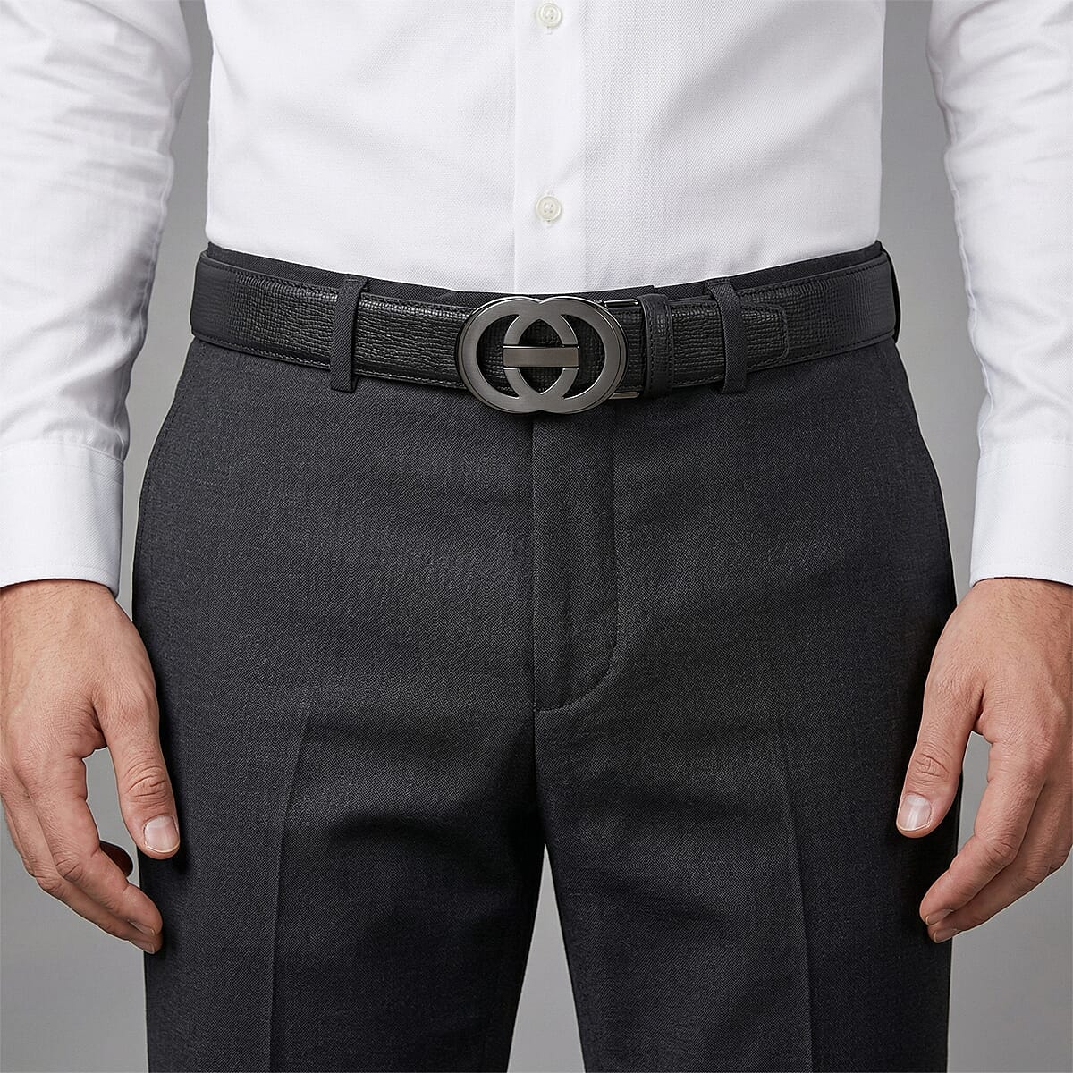 Genuine Leather Designer Belt with Interlocking Circular Buckle (130 x 3.5cm) - Black