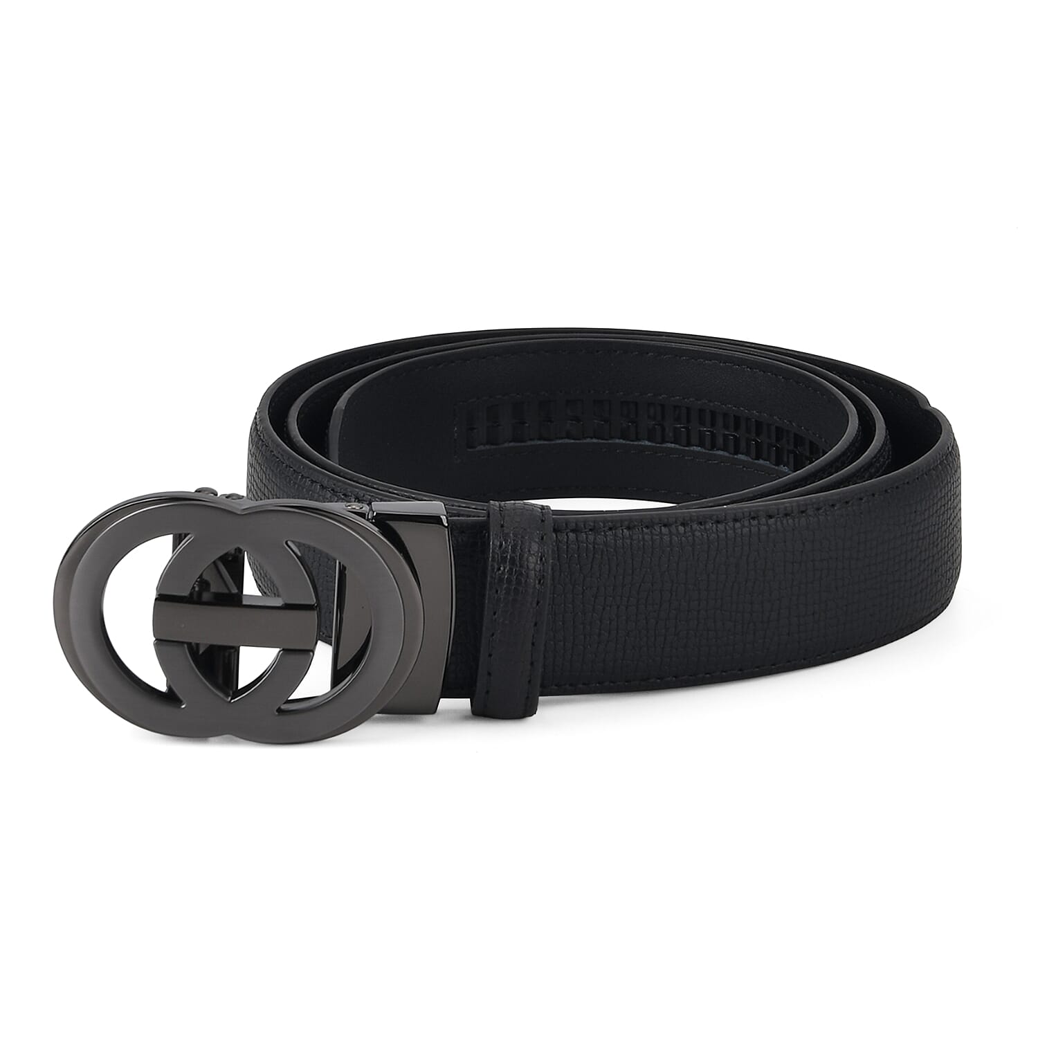Genuine Leather Designer Belt with Interlocking Circular Buckle (130 x 3.5cm) - Black