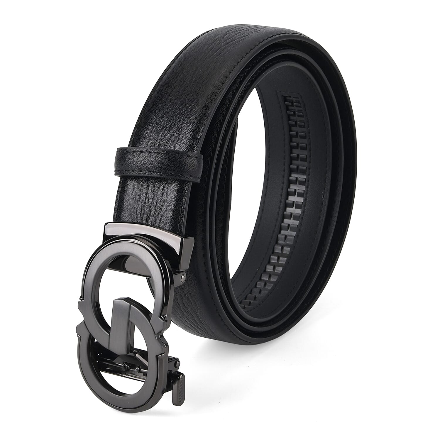 Genuine Leather Designer Belt with Elegant Interlocking Geometric Buckle (115 x 3.5cm) - Black
