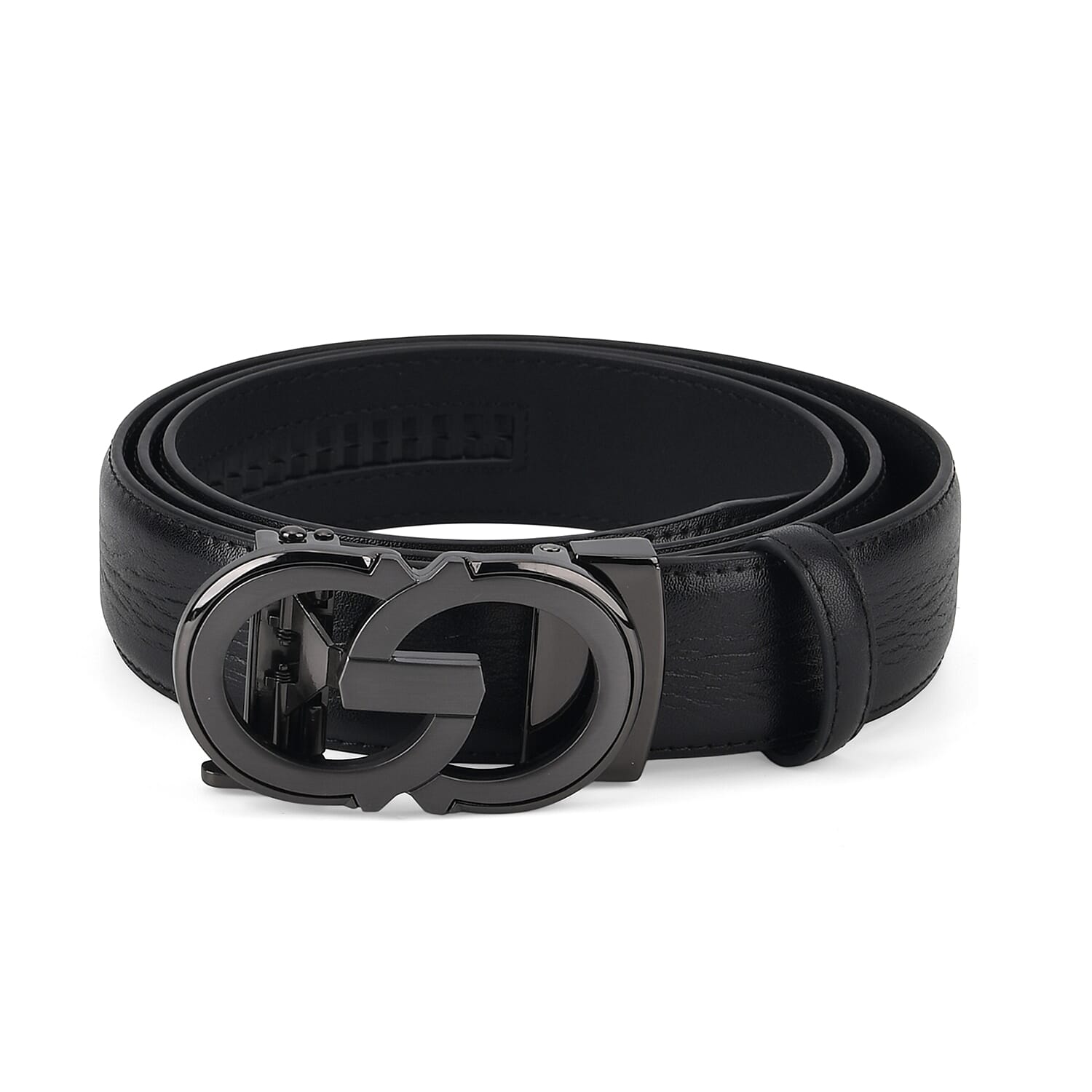 Genuine Leather Designer Belt with Elegant Interlocking Geometric Buckle (115 x 3.5cm) - Black