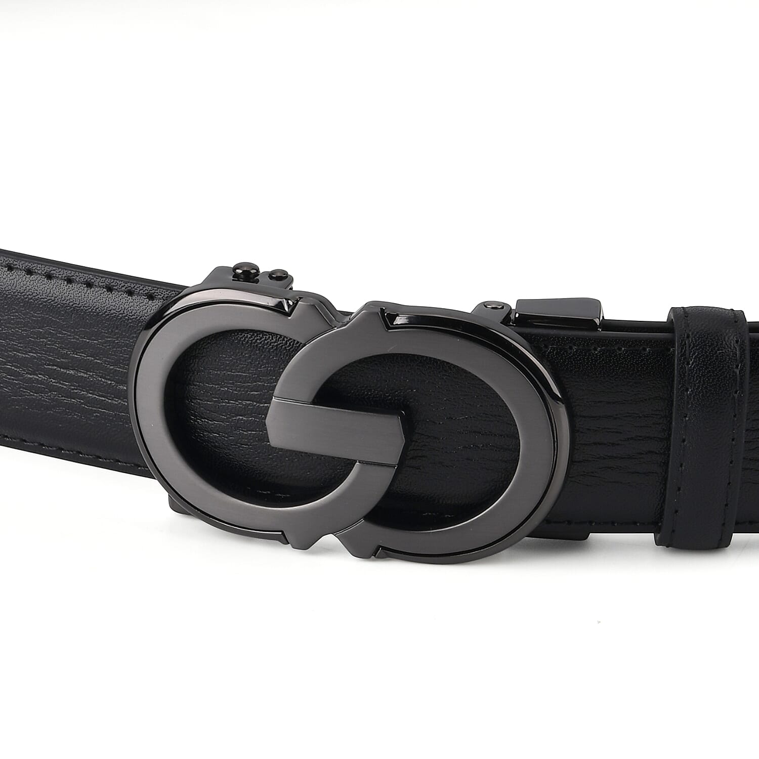 Genuine Leather Designer Belt with Elegant Interlocking Geometric Buckle (115 x 3.5cm) - Black