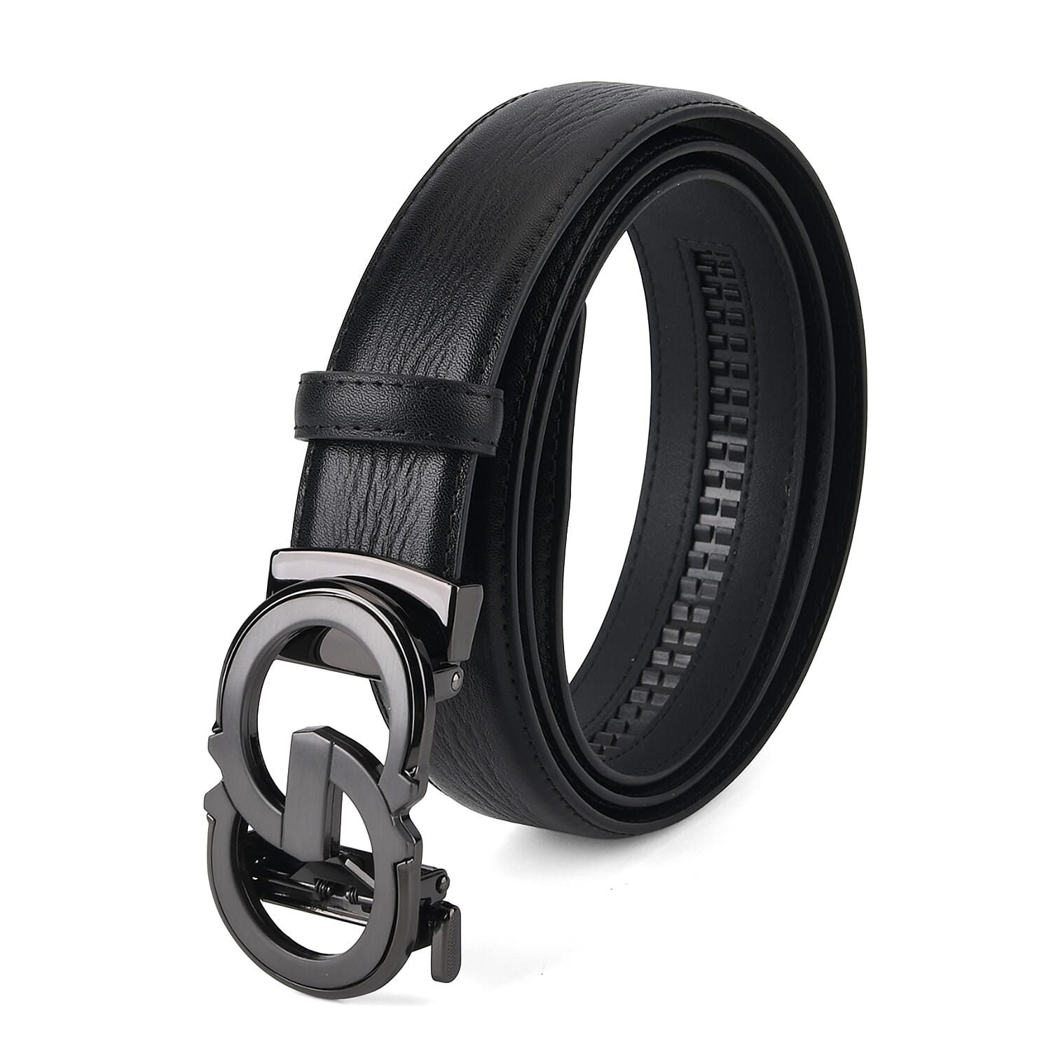 Genuine Leather Designer Belt with Elegant Interlocking Geometric Buckle (130 x 3.5cm) - Black