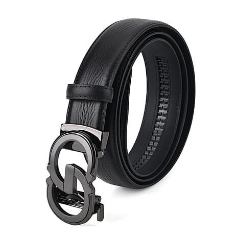 Genuine Leather Designer Belt with Elegant Interlocking Geometric Buckle (130 x 3.5cm) - Black