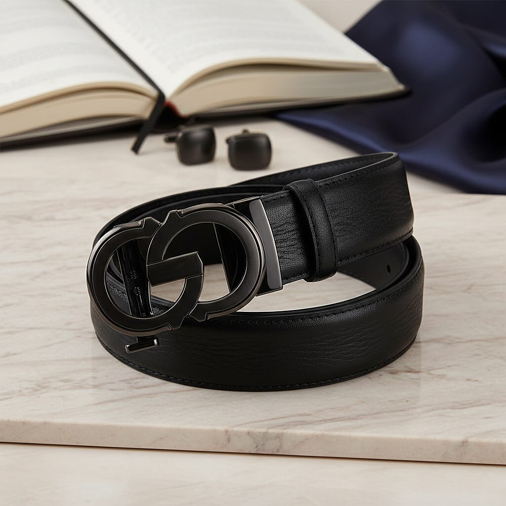 Genuine Leather Designer Belt with Elegant Interlocking Geometric Buckle (130 x 3.5cm) - Black