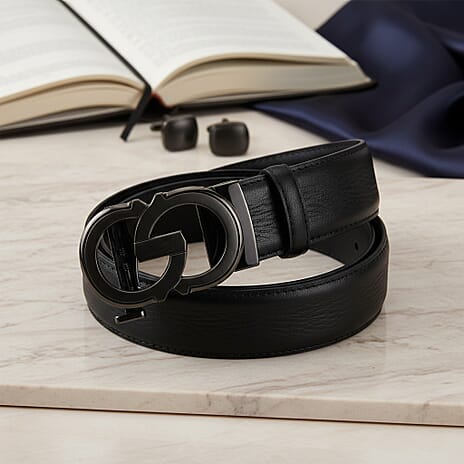 Genuine Leather Unisex Belt with Elegant Interlocking Geometric Buckle (130 CM, Large) - Black