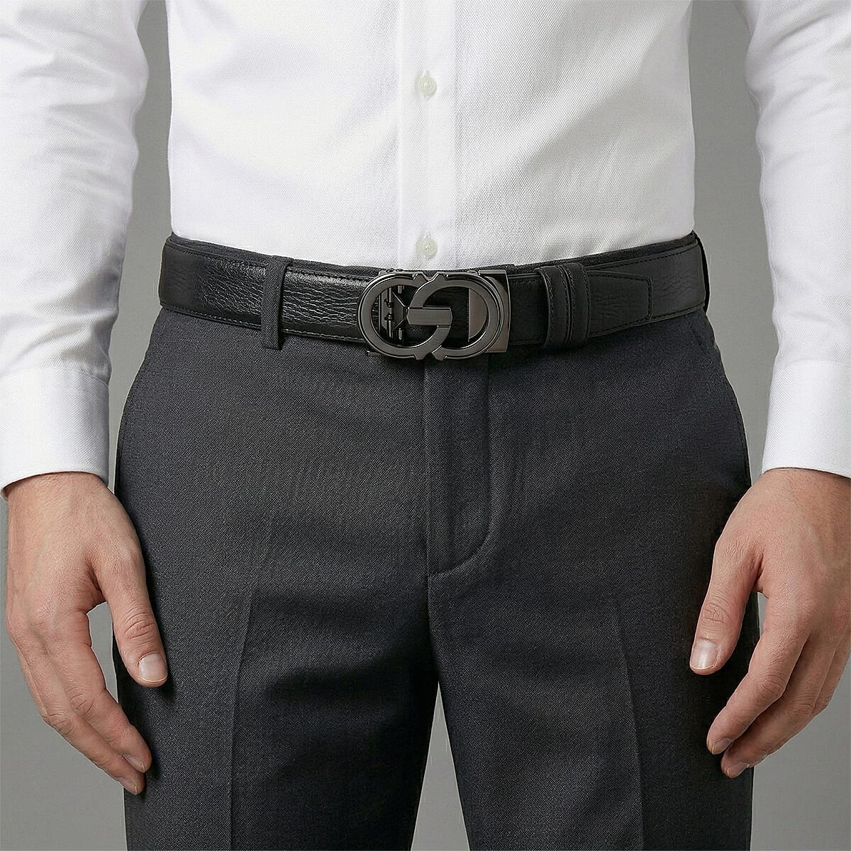 Genuine Leather Designer Belt with Elegant Interlocking Geometric Buckle (130 x 3.5cm) - Black