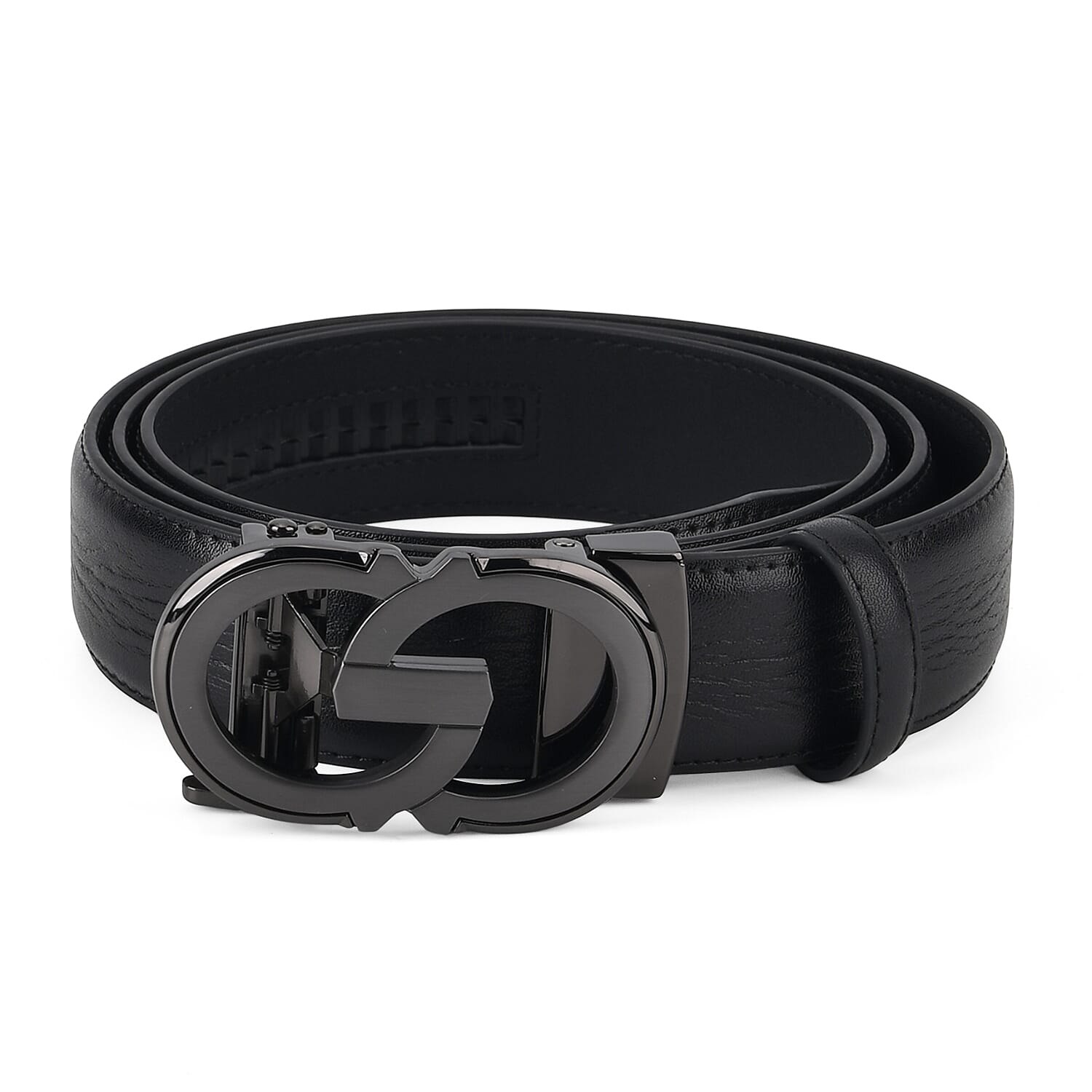 Genuine Leather Designer Belt with Elegant Interlocking Geometric Buckle (130 x 3.5cm) - Black