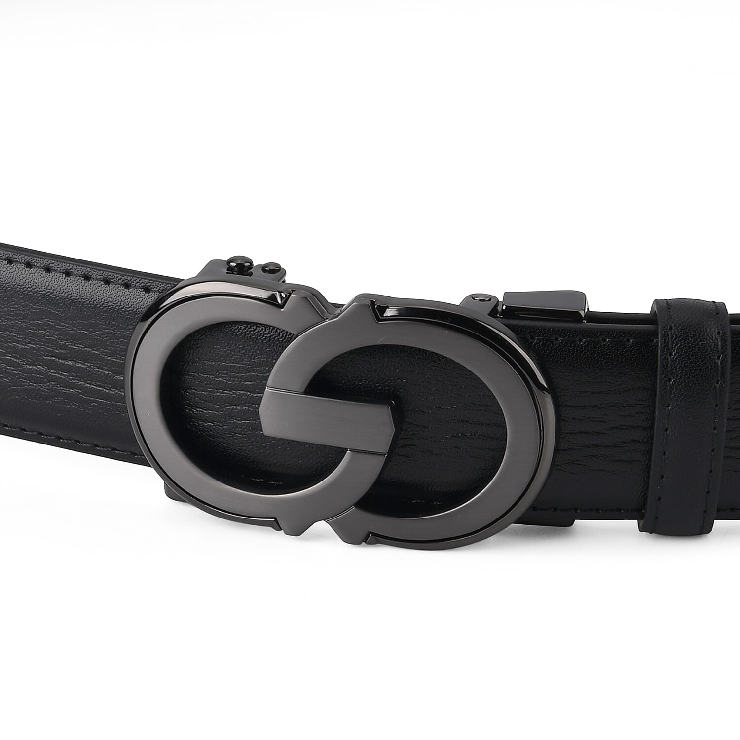 Genuine Leather Designer Belt with Elegant Interlocking Geometric Buckle (130 x 3.5cm) - Black