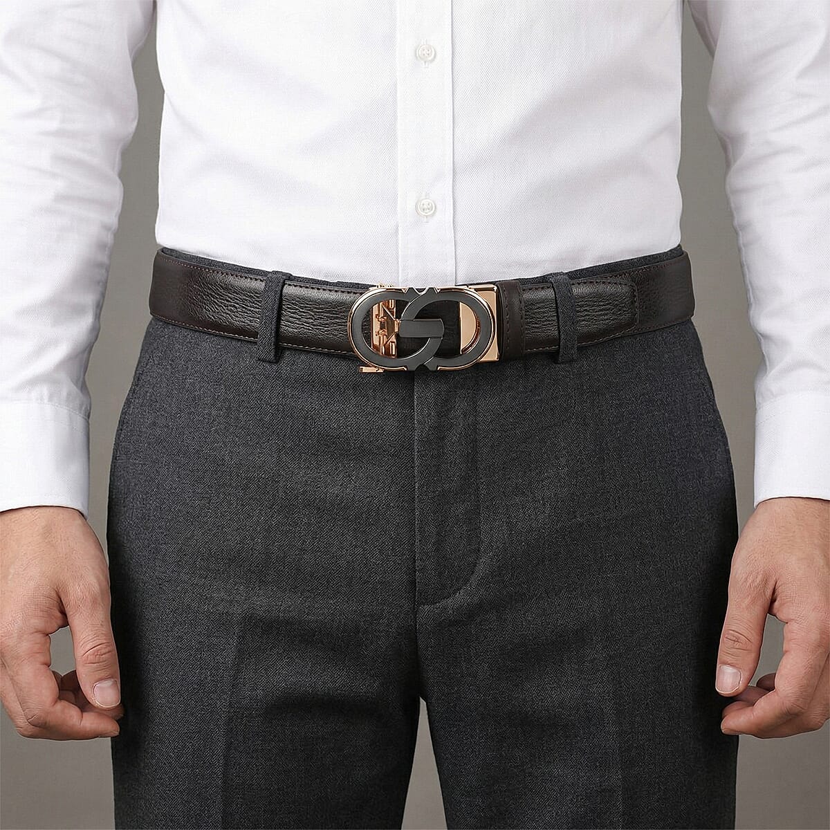 Genuine Leather Designer Belt with Elegant Interlocking Geometric Buckle (115 x 3.5cm) - Dark Brown
