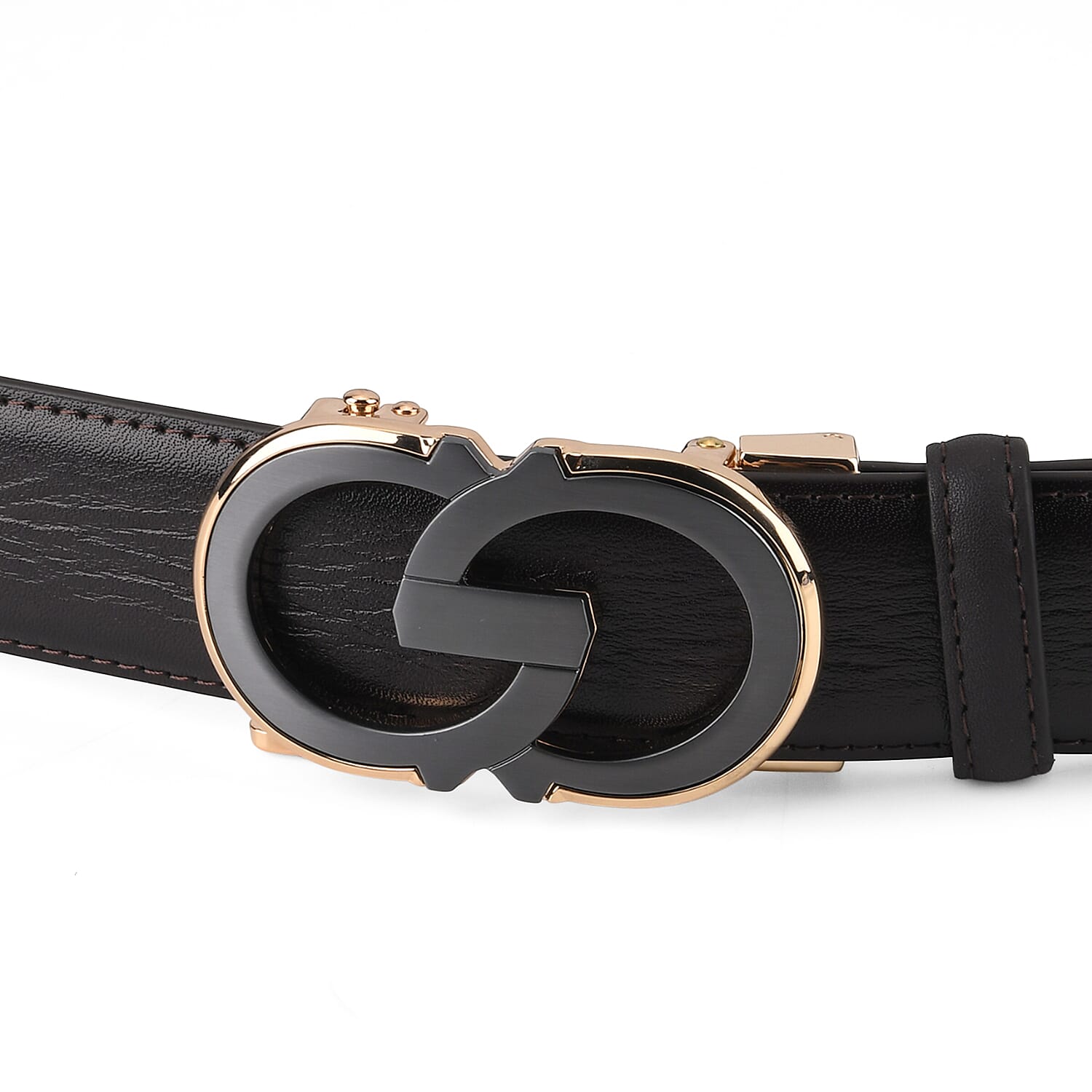 Genuine Leather Designer Belt with Elegant Interlocking Geometric Buckle (115 x 3.5cm) - Dark Brown
