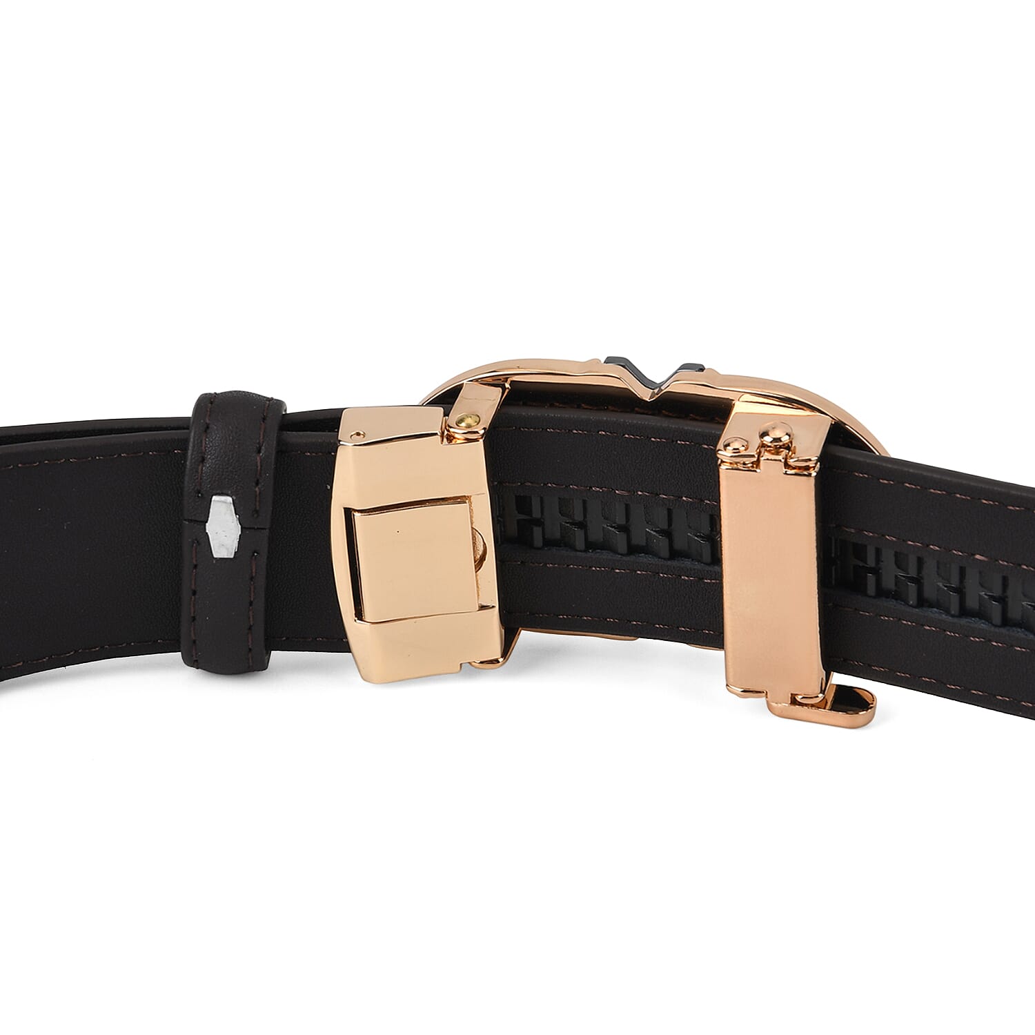 Genuine Leather Designer Belt with Elegant Interlocking Geometric Buckle (115 x 3.5cm) - Dark Brown