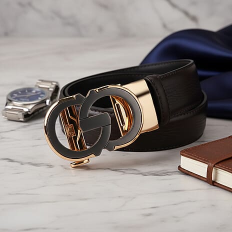 Genuine Leather Unisex Belt with Elegant Interlocking Geometric Buckle (130 CM, Large) - Dark Brown