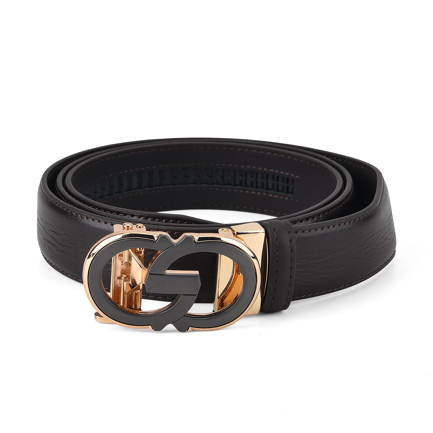 Genuine Leather Designer Belt with Elegant Interlocking Geometric Buckle (130 x 3.5cm) - Dark Brown