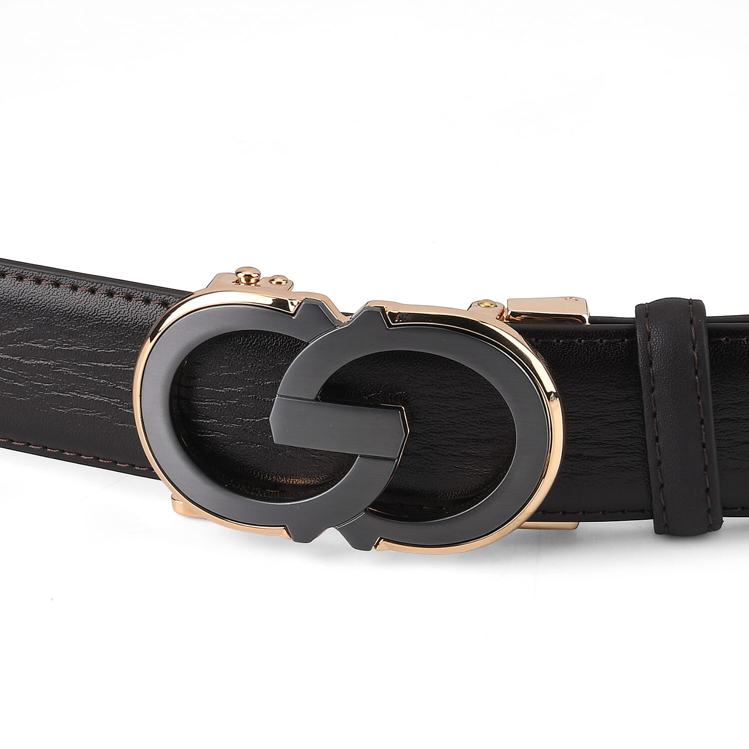 Genuine Leather Designer Belt with Elegant Interlocking Geometric Buckle (130 x 3.5cm) - Dark Brown