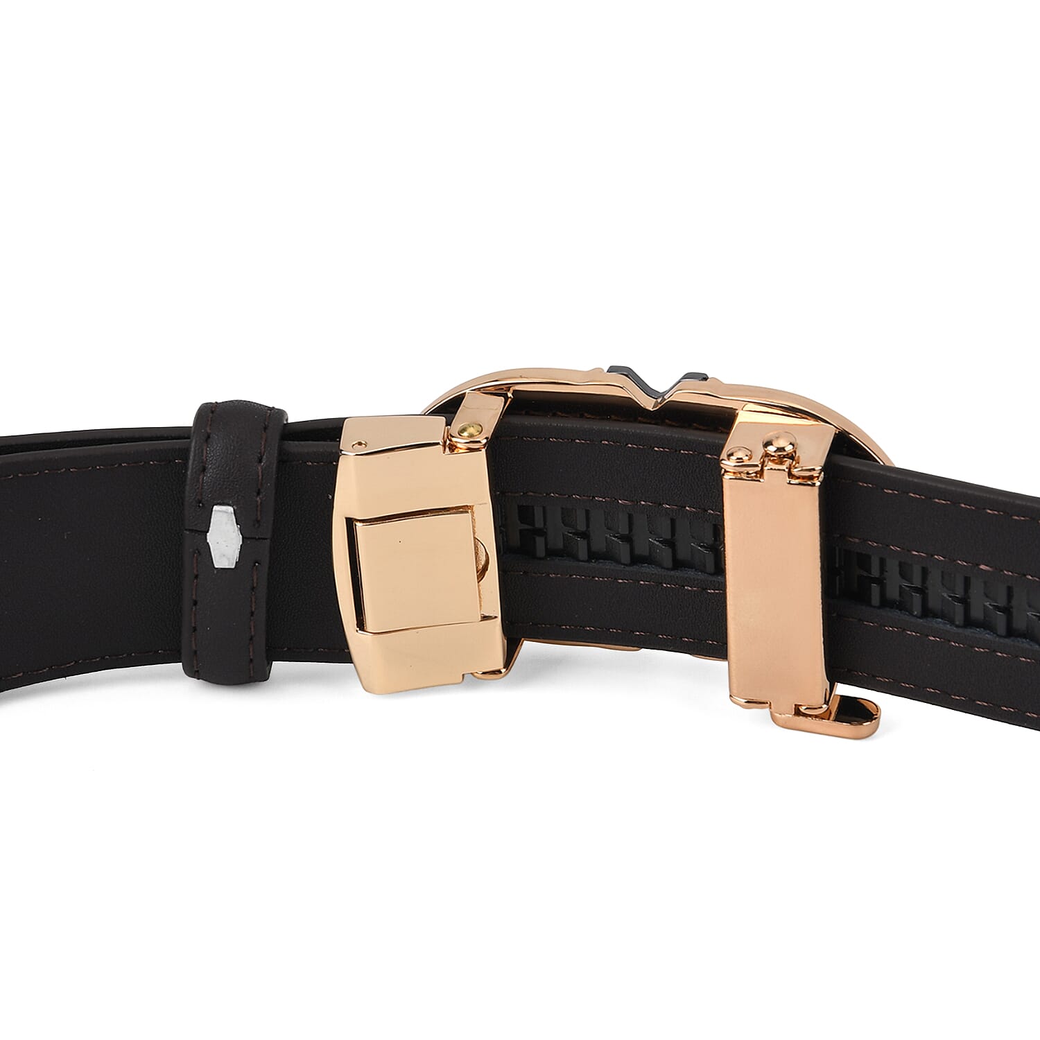 Genuine Leather Designer Belt with Elegant Interlocking Geometric Buckle (130 x 3.5cm) - Dark Brown