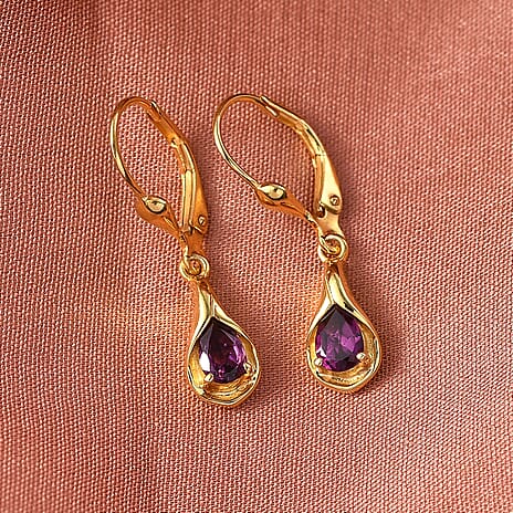 D'Joy Natural Radiant Ember Garnet Drop Earrings with Lever Back in Yellow Gold Plated Sterling Silver 1.00 Ct.
