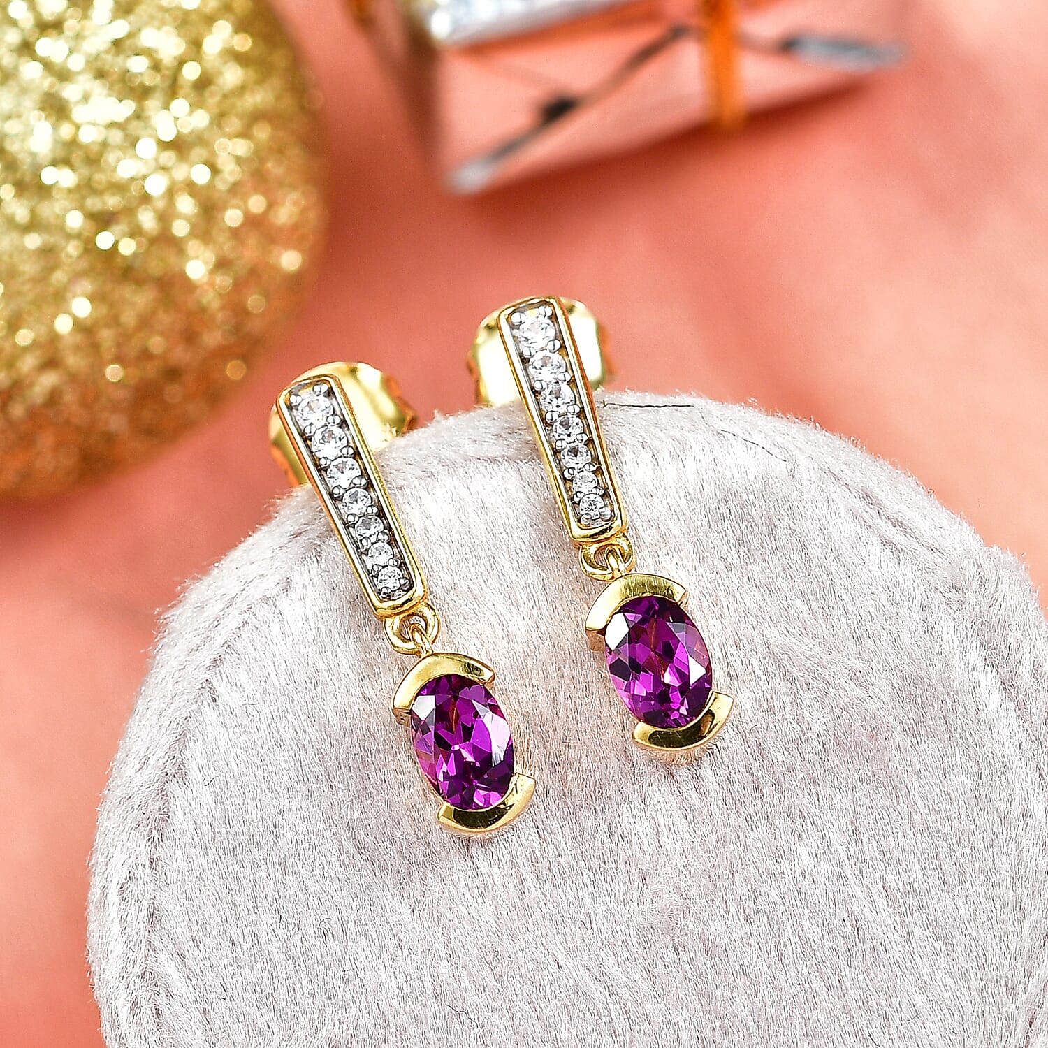 D'Joy Radiant Ember Garnet, White Zircon Dangling Earring in 18K YG PlatingSterling Silver  1.398  Ct.