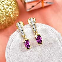D'Joy Natural Radiant Ember Garnet & White Zircon Dangling Push Back Earring in Yellow Gold Plated Sterling Silver 1.40 Ct.