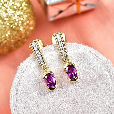 D'Joy Natural Radiant Ember Garnet & White Zircon Dangling Push Back Earring in Yellow Gold Plated Sterling Silver 1.40 Ct.