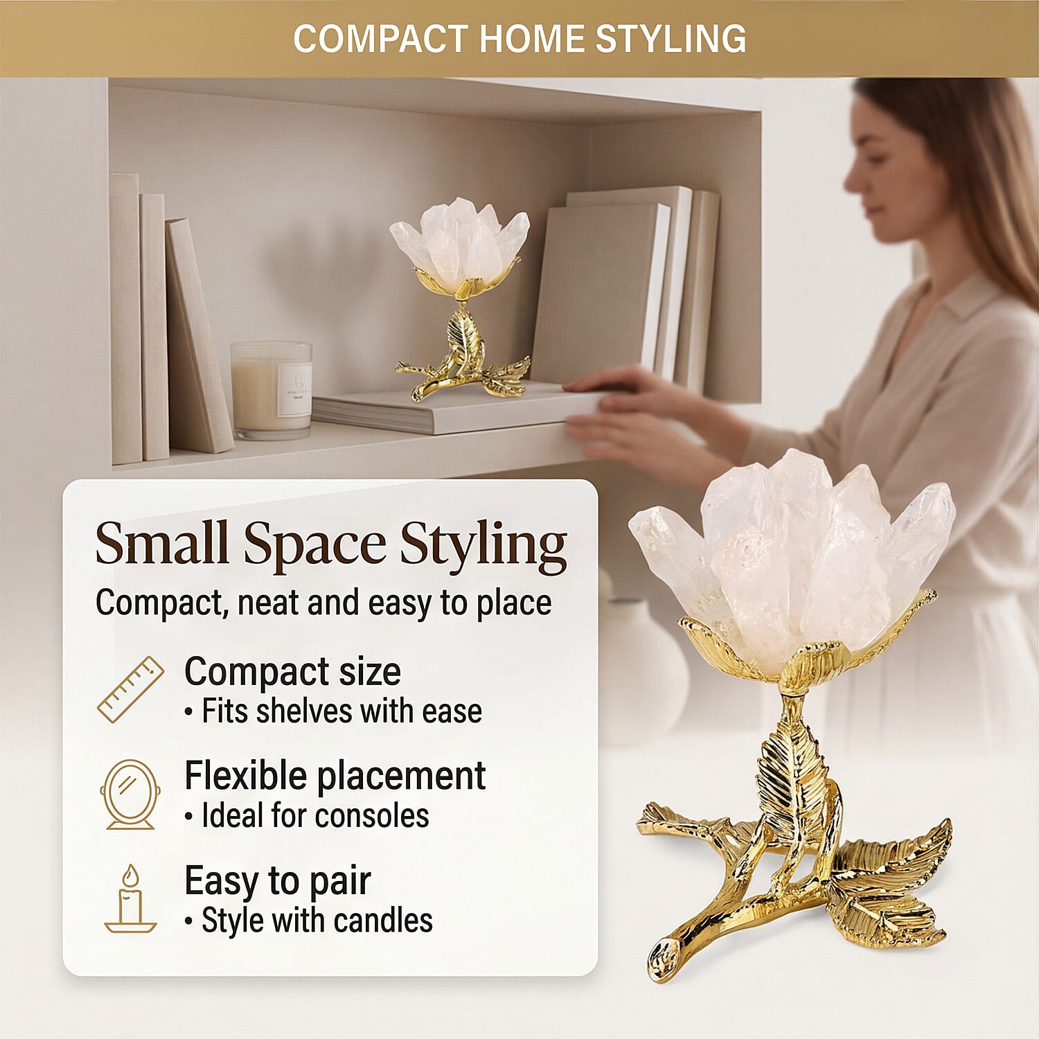 LIVMORE Decorative Crystal Flower Tabletop with Gold Metal Base - White & Gold