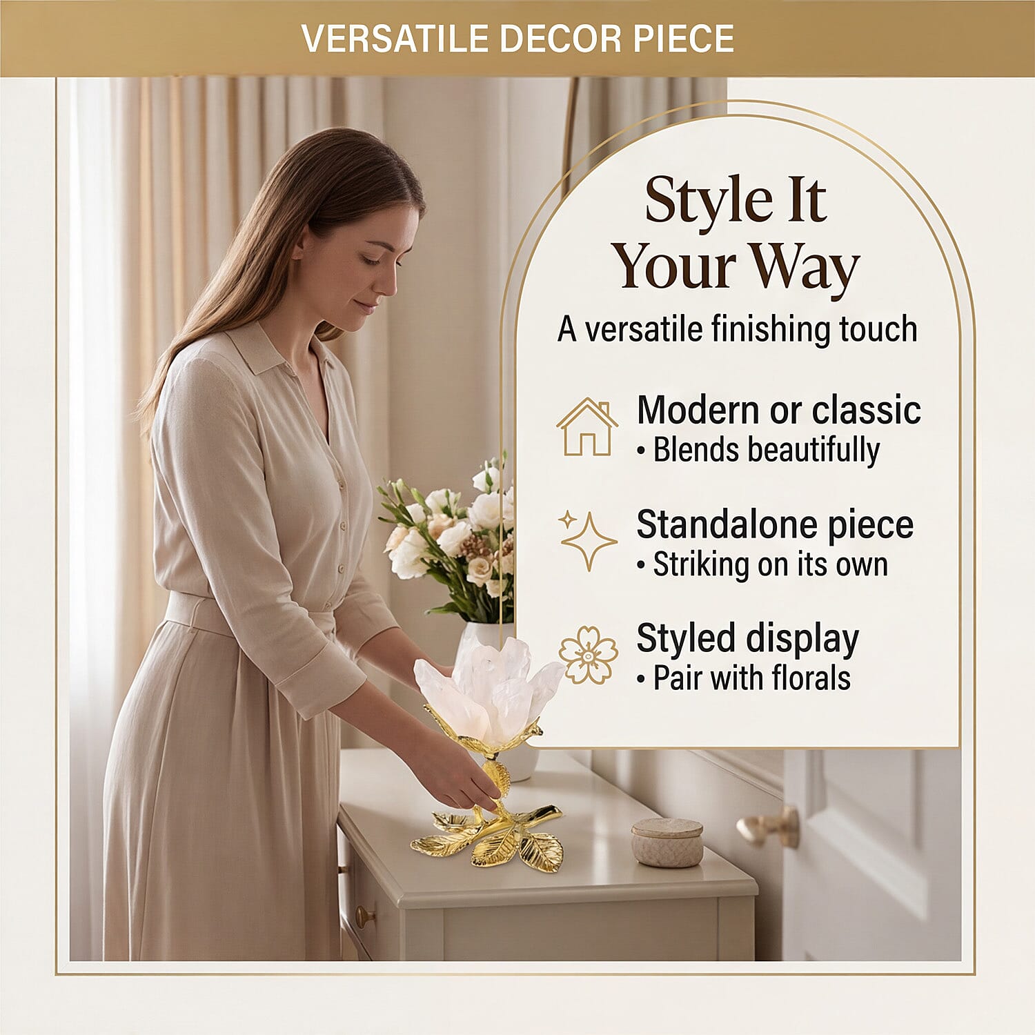 LIVMORE Decorative Crystal Flower Tabletop with Gold Metal Base - White & Gold