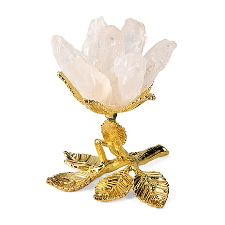 LIVMORE Decorative Crystal Flower Tabletop with Gold Metal Base - White & Gold