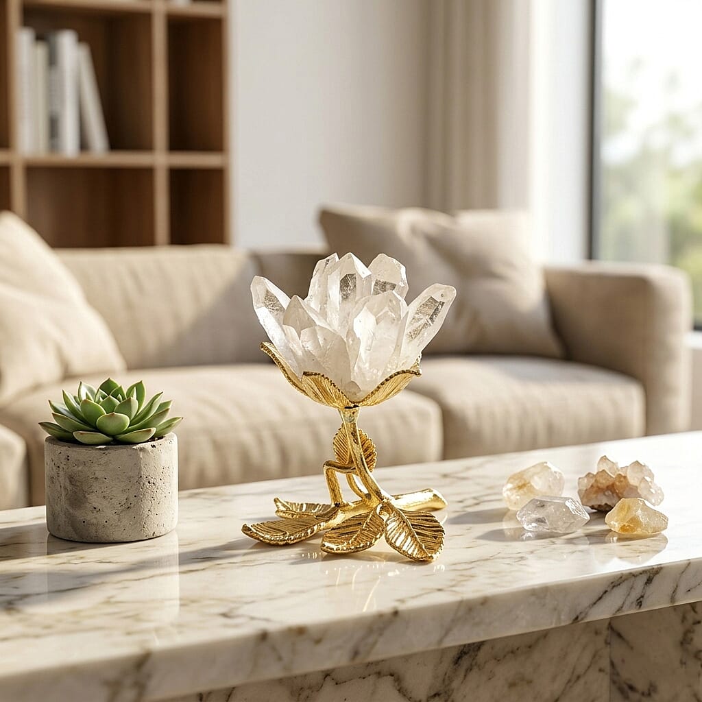 LIVMORE Decorative Crystal Flower Tabletop with Gold Metal Base - White & Gold