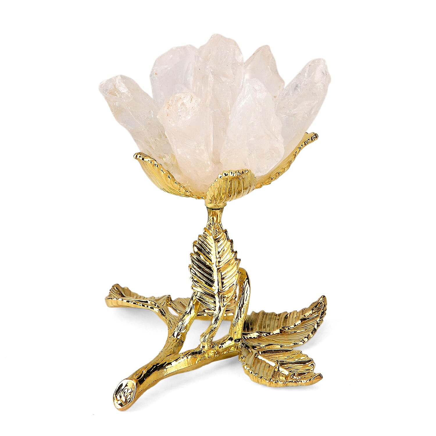 LIVMORE Decorative Crystal Flower Tabletop with Gold Metal Base - White & Gold