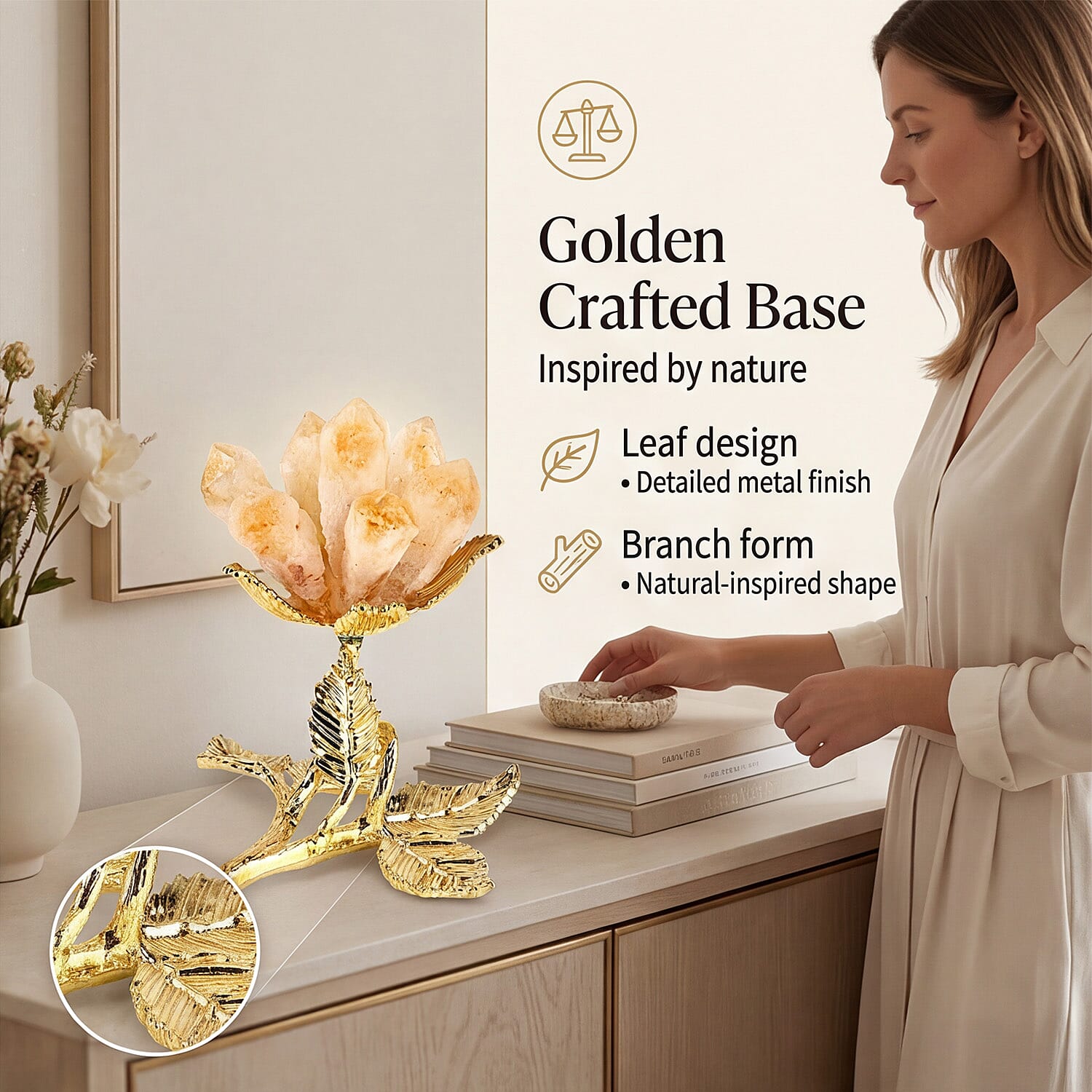 LIVMORE Decorative Crystal Flower Tabletop with Gold Metal Base - Gold