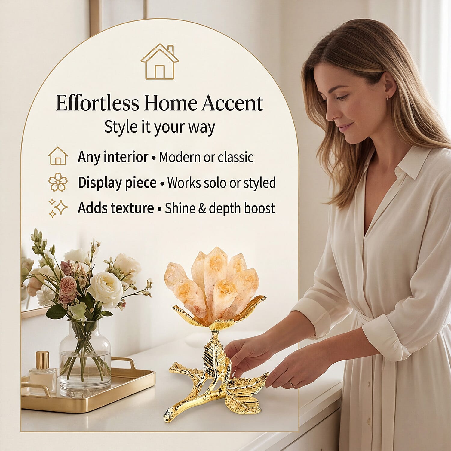 LIVMORE Decorative Crystal Flower Tabletop with Gold Metal Base - Gold