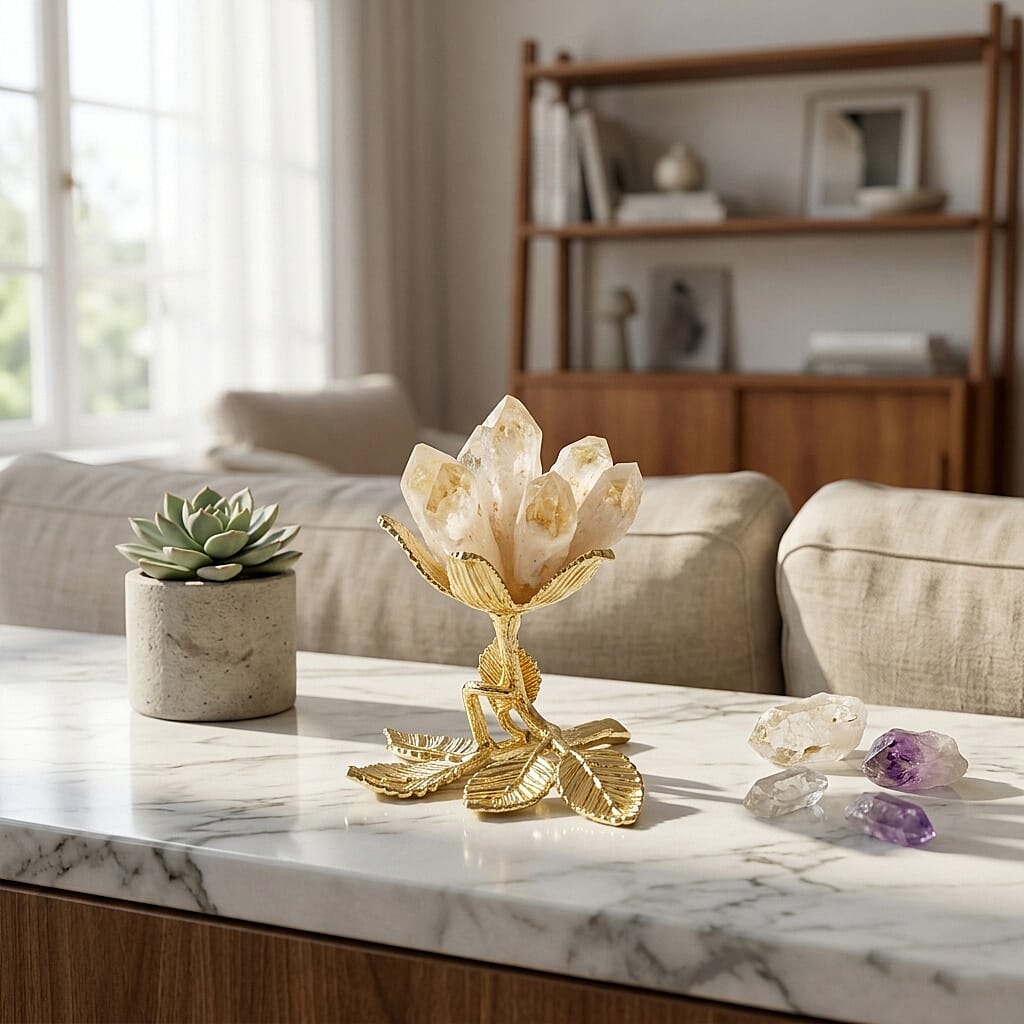 LIVMORE Decorative Crystal Flower Tabletop with Gold Metal Base - Gold