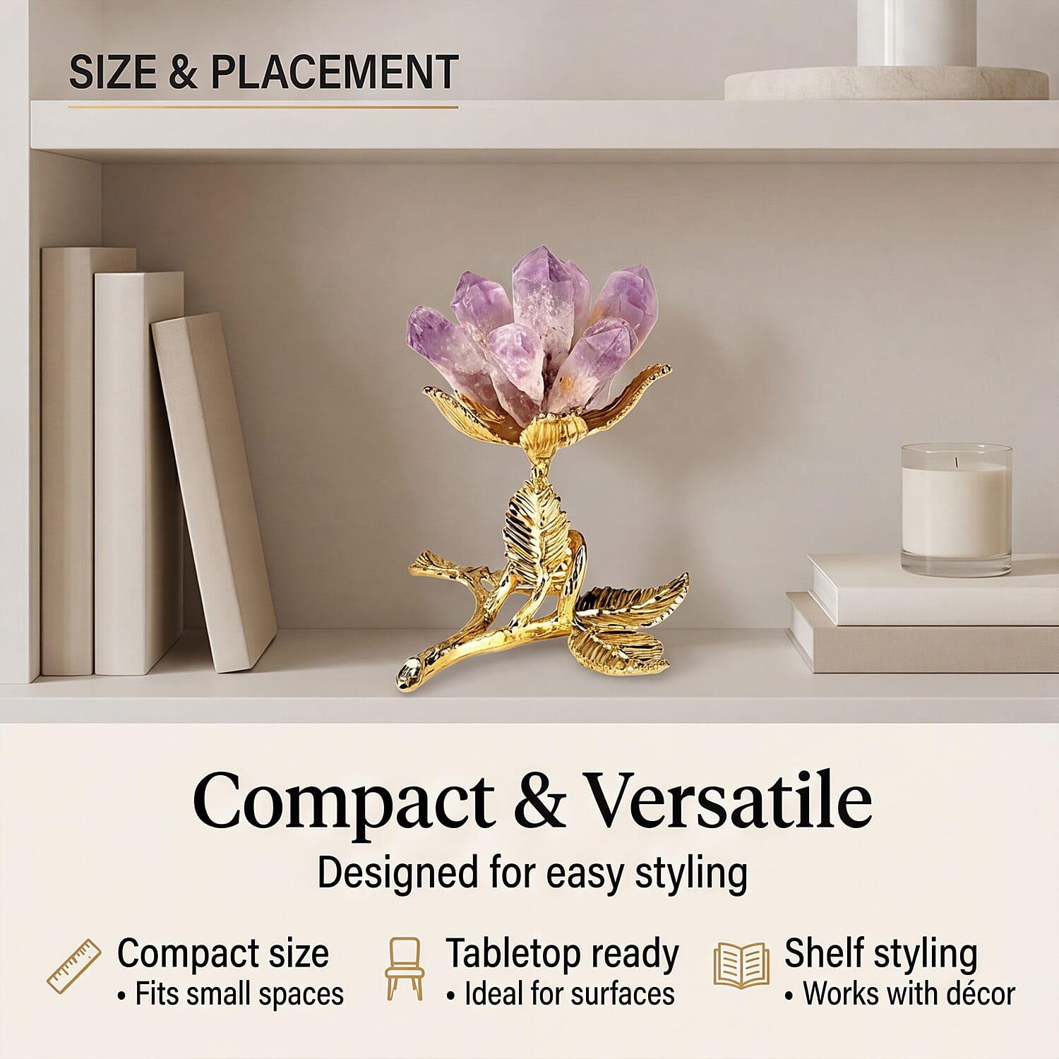 LIVMORE Decorative Crystal Flower Tabletop with Gold Metal Base - Purple & Gold