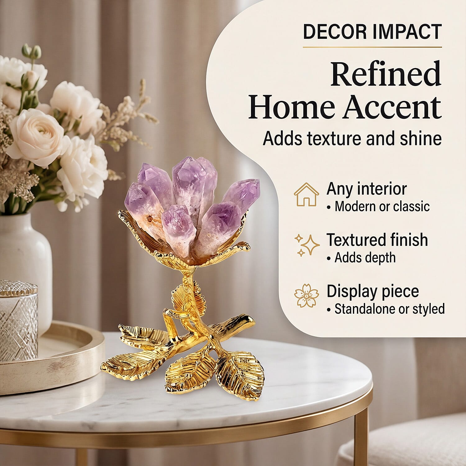 LIVMORE Decorative Crystal Flower Tabletop with Gold Metal Base - Purple & Gold