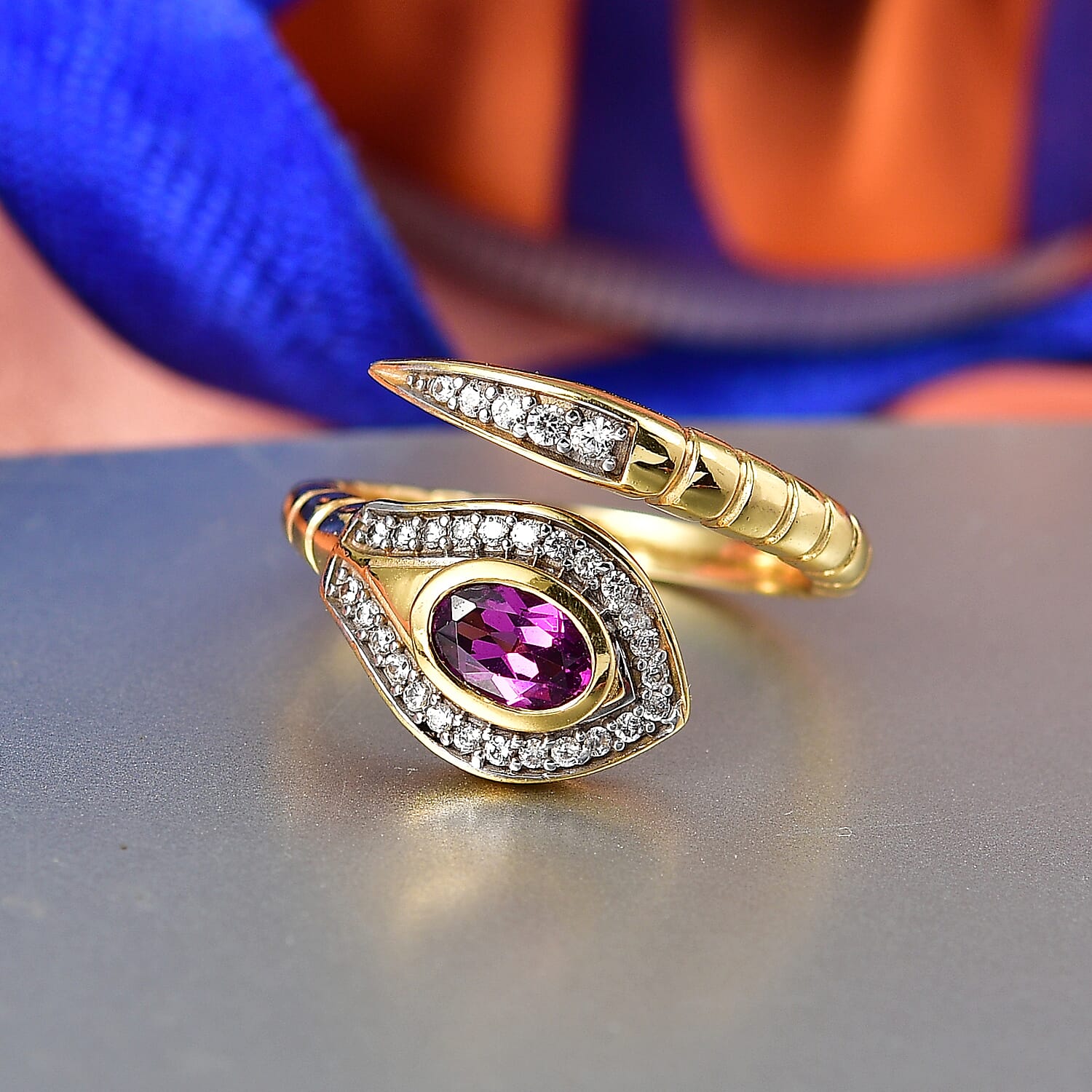 D'Joy Radiant Ember Garnet, White Zircon Bypass Ring in 18K YG PlatingSterling Silver  0.875  Ct.