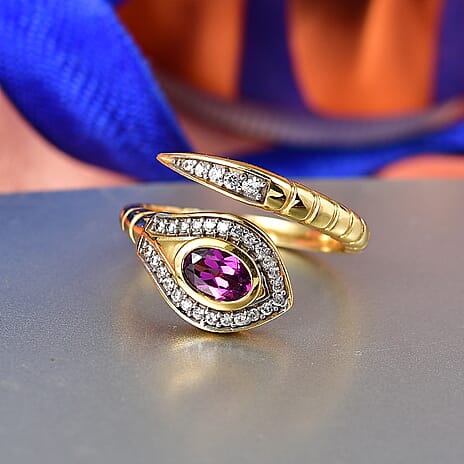 D'Joy Natural Radiant Ember Garnet & White Zircon Snake Ring in Yellow Gold Plated Sterling Silver.