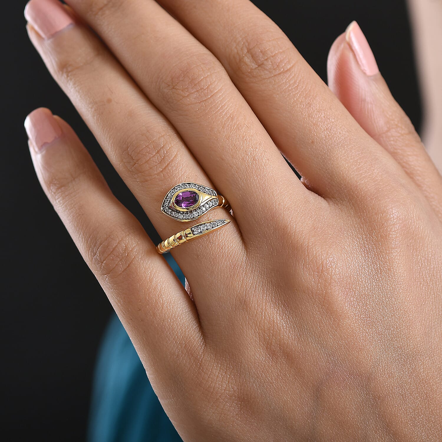 D'Joy Radiant Ember Garnet, White Zircon Bypass Ring in 18K YG PlatingSterling Silver  0.875  Ct.